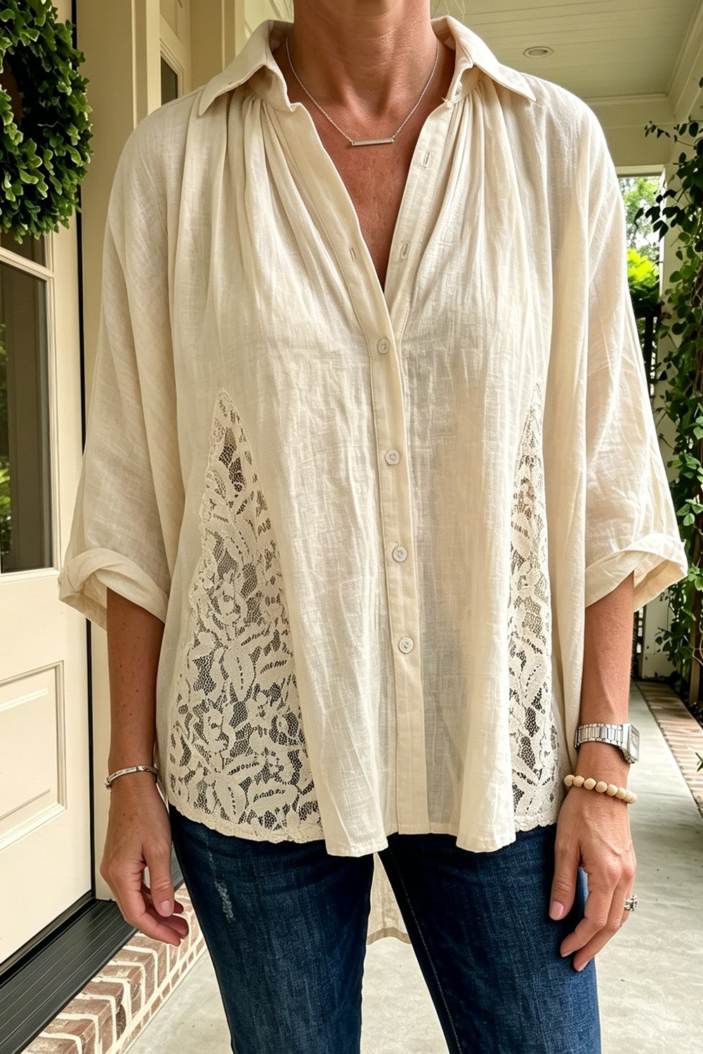 Sheer Lace Splicing Detail Bracelet Sleeve Loose Flowy Shirt