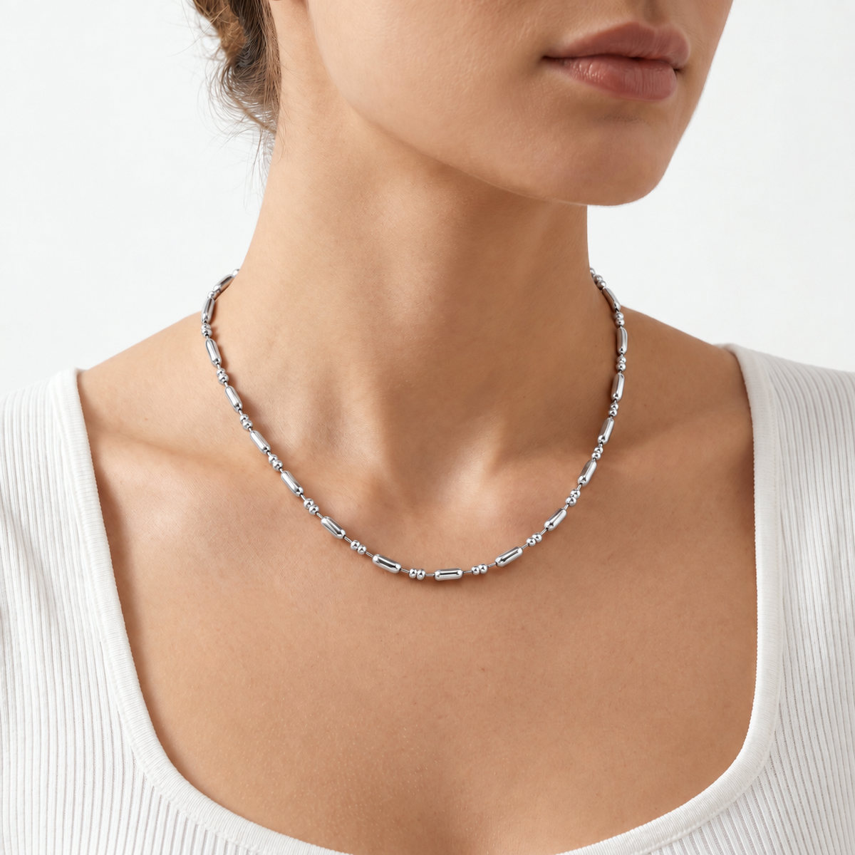 Premium Rhodium Plated Bead Necklace