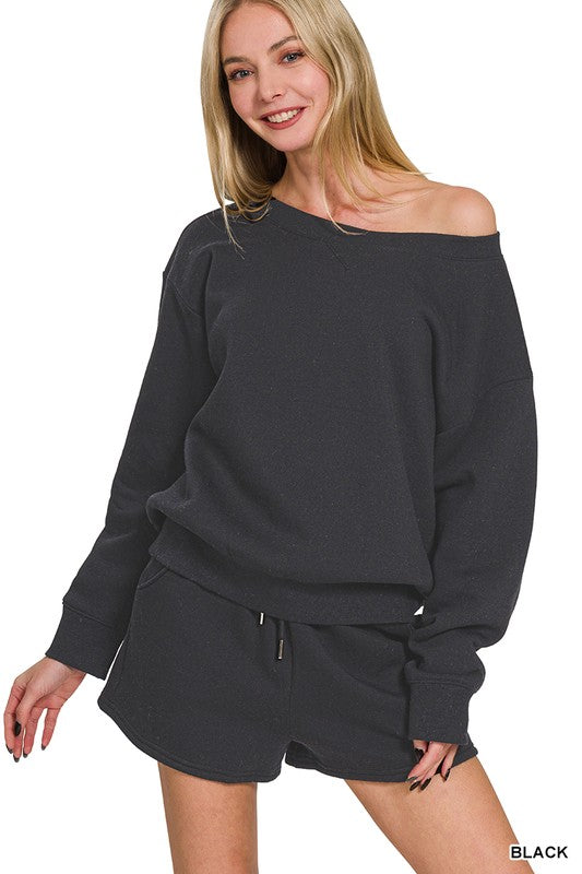 Boatneck Sweatshirt & Shorts Set - Black