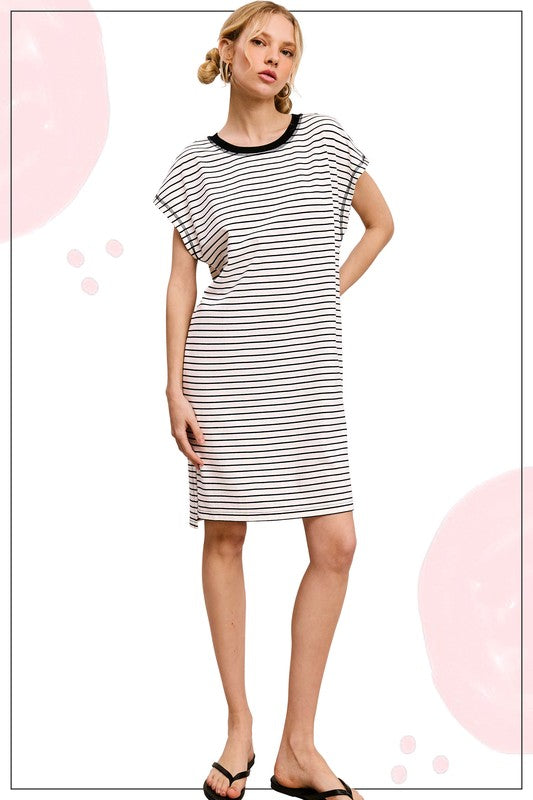Side Slit Striped T-Shirt Dress - Cookies & Cream