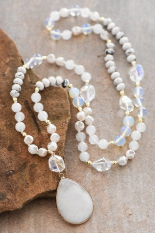 Stone Beaded Long Necklace with Large Pendant 
