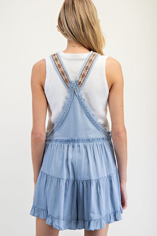 Lace Trimmed Overall Shorts - blue