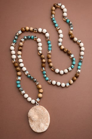Natural Stone Bead Necklace with Druzy Pendant