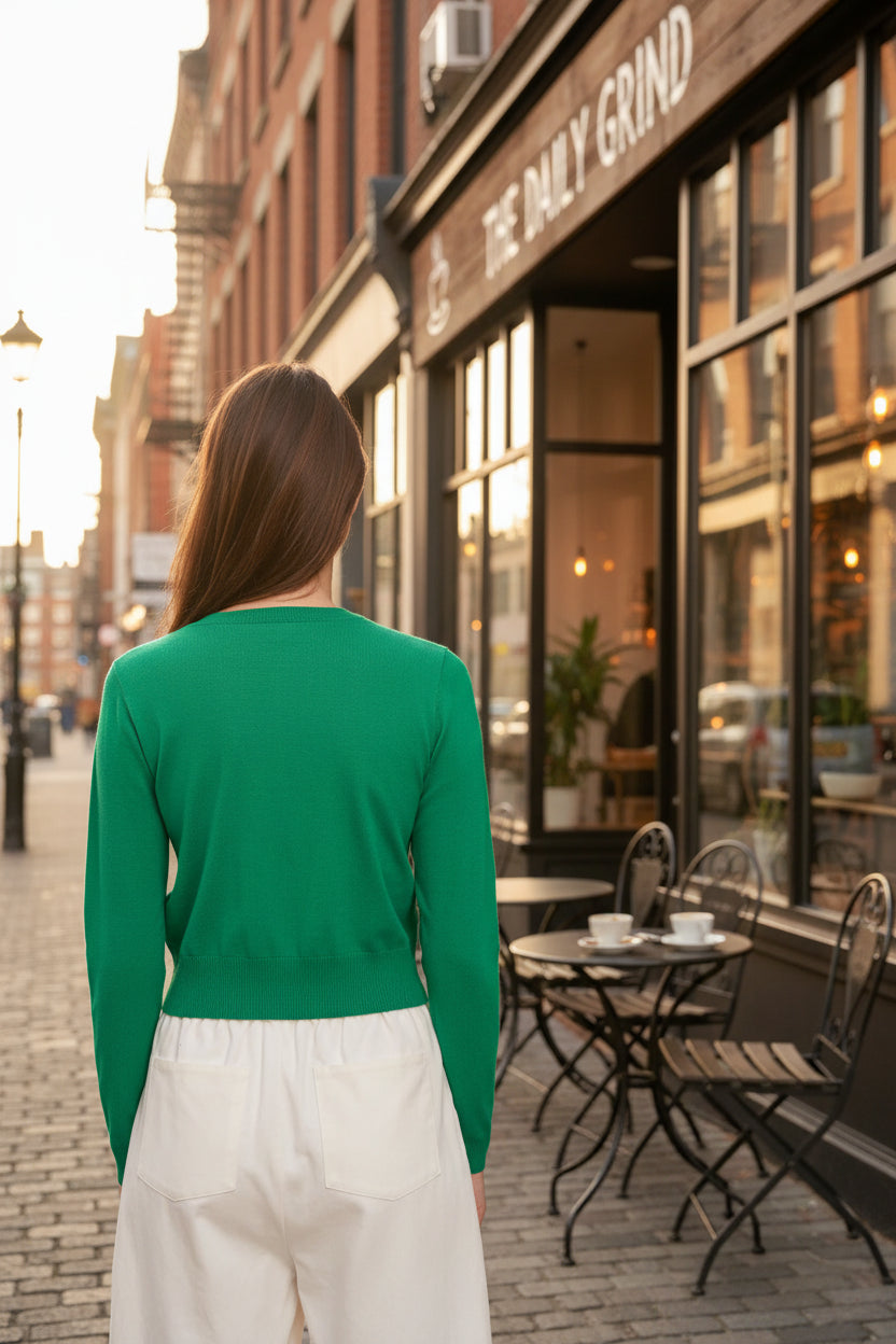 Green Cardi with Heart Buttons