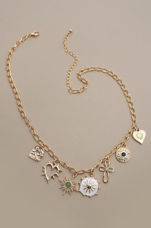 Charm Necklace-heart Cross Sunburst Stone