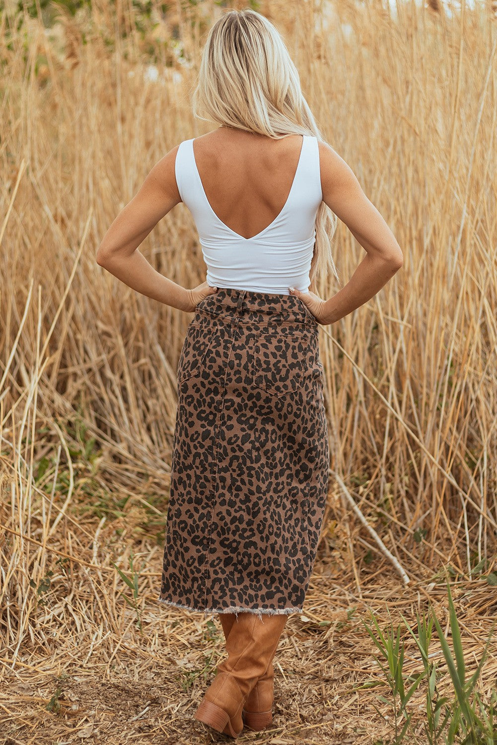 Leopard Denim Frayed Split Midi Skirt