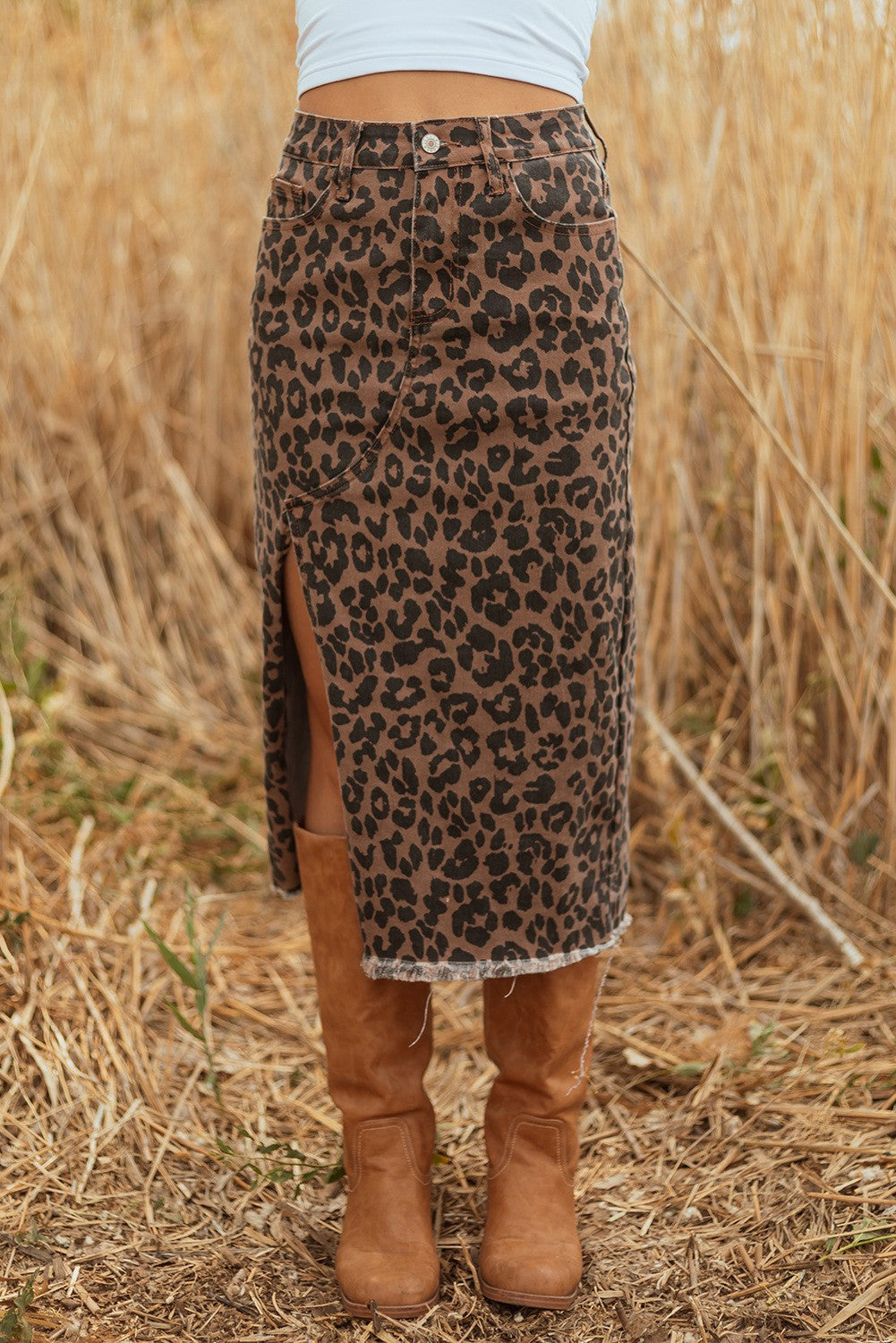 Leopard Denim Frayed Split Midi Skirt