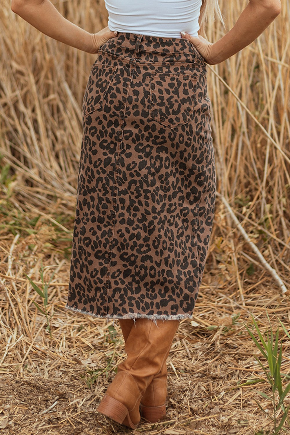 Leopard Denim Frayed Split Midi Skirt