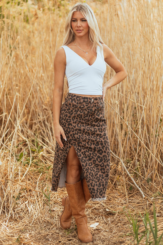 Leopard Denim Frayed Split Midi Skirt