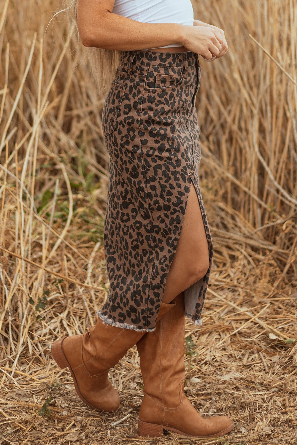 Leopard Denim Frayed Split Midi Skirt