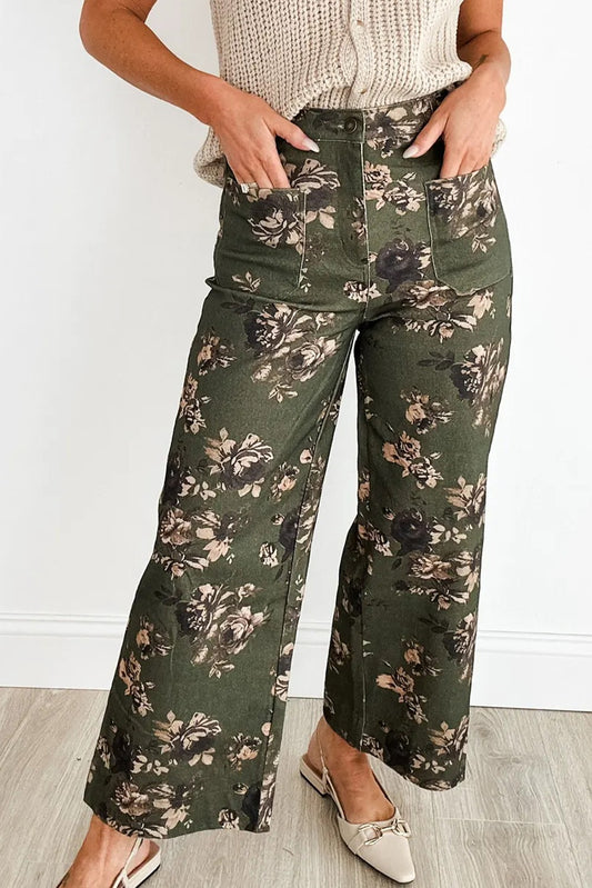 Vintage Floral Print Patch Pocket Jeans