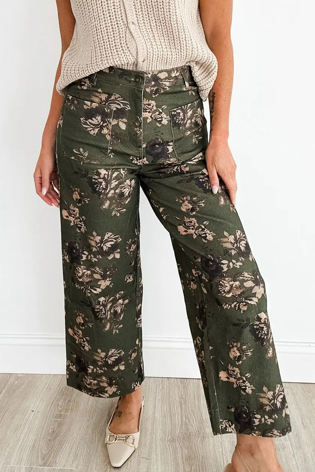 Vintage Floral Print Patch Pocket Jeans