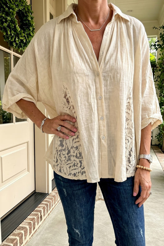 Sheer Lace Splicing Detail Bracelet Sleeve Loose Flowy Shirt