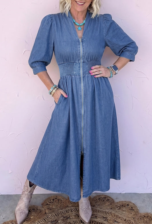 V Neck Shirred Waist Metal Zipper Denim Midi Dress