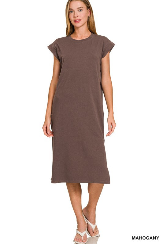 Round Neck Midi Dress - Brown￼