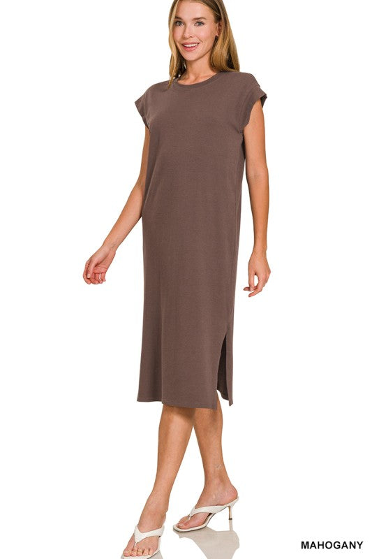Round Neck Midi Dress - Brown￼