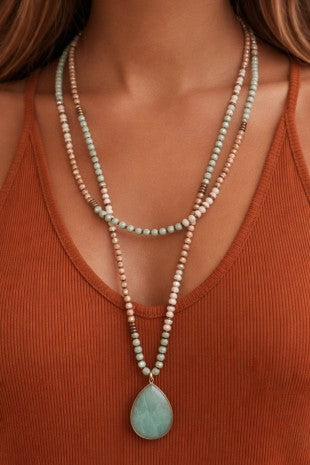 Long Beaded Wrap Necklace with Stone Drop Pendant