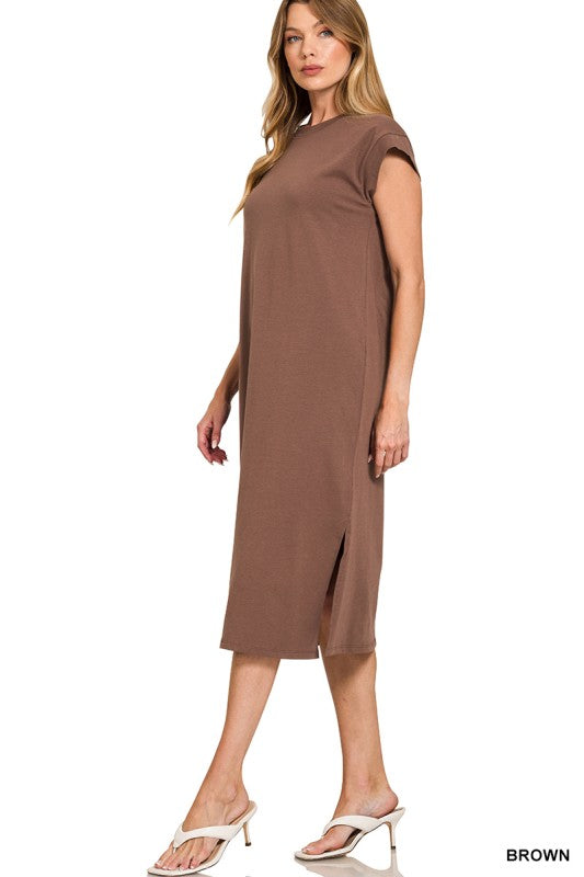 Round Neck Midi Dress - Brown￼