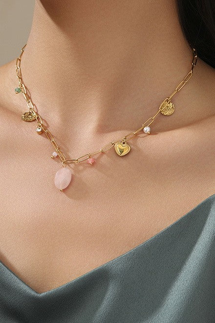 Pink Natural Stone Charm Necklace with Heart