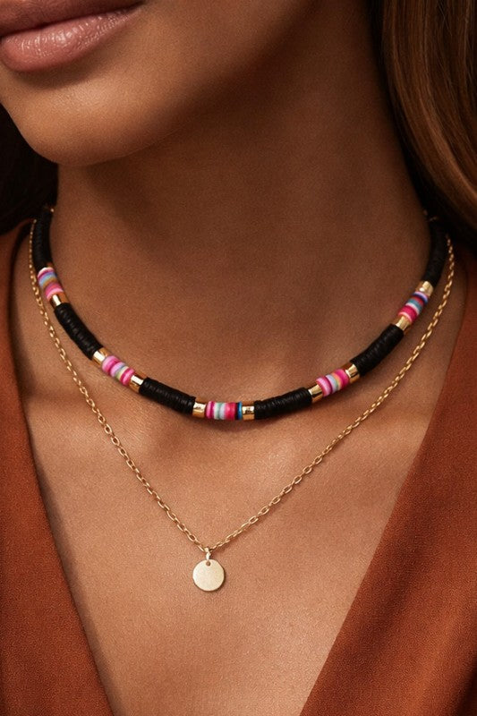 Multicoloured Heishi Disc Bead Nicklace layered with Gold Plated necklace