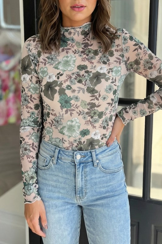 Floral Print Mesh Top