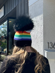 Luxury Fur Pom Hat -Rainbow/Black Pom