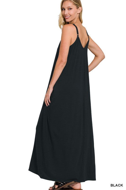 V-Neck Maxi Dress with Side Pockets - Black