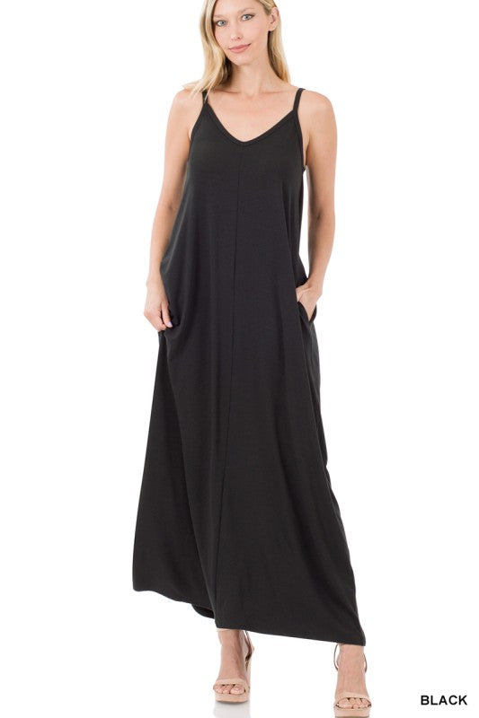 V-Neck Maxi Dress with Side Pockets - Black