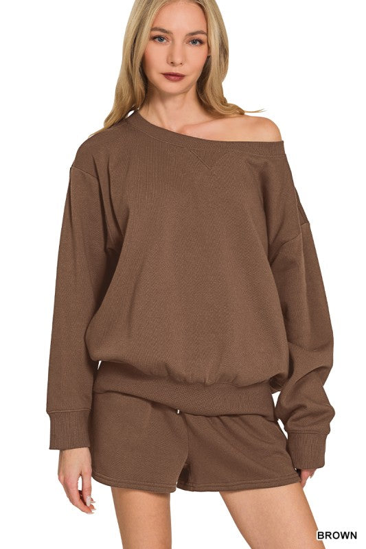 Boatneck Sweatshirt & Shorts Set - Brown