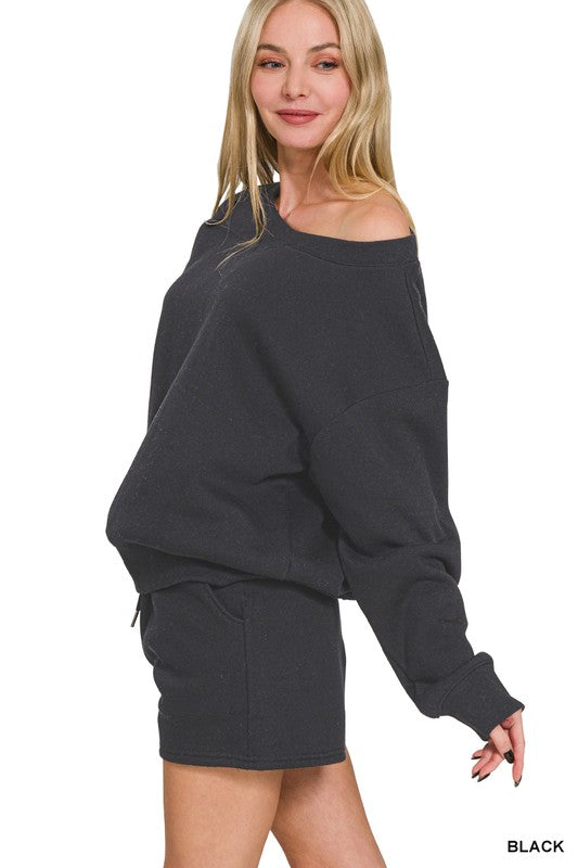 Boatneck Sweatshirt & Shorts Set - Black