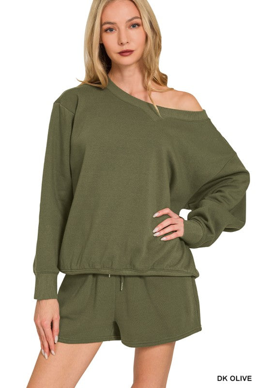 Boatneck Sweatshirt & Shorts Set - Olive