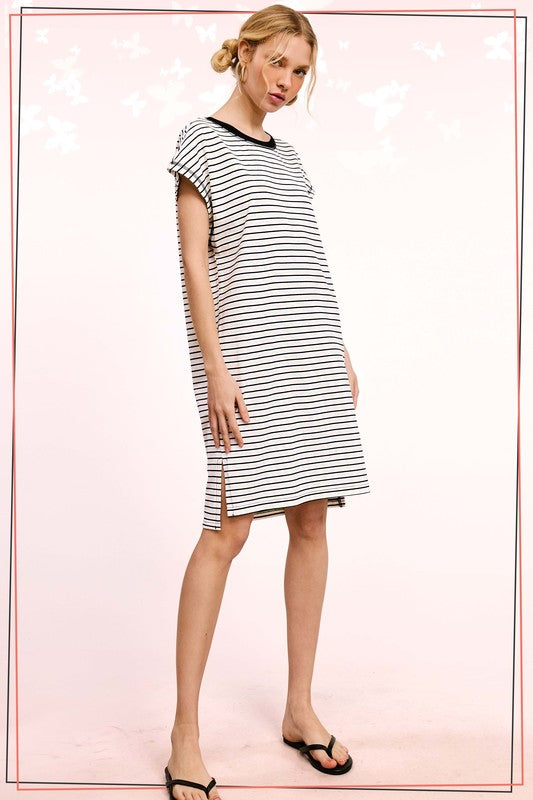 Side Slit Striped T-Shirt Dress - Cookies & Cream