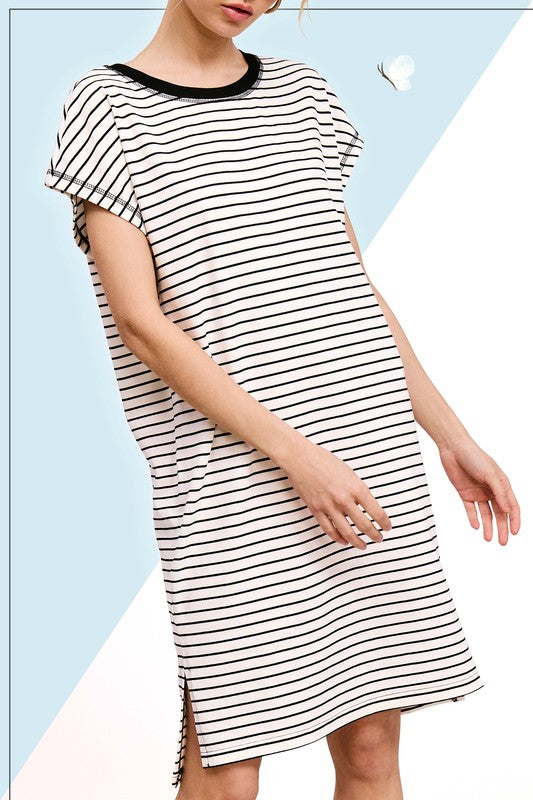 Side Slit Striped T-Shirt Dress - Cookies & Cream