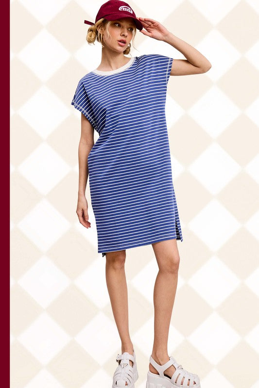 Side Slit Striped T-Shirt Dress - Royal