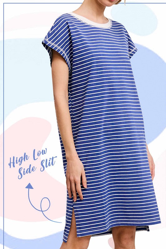 Side Slit Striped T-Shirt Dress - Royal