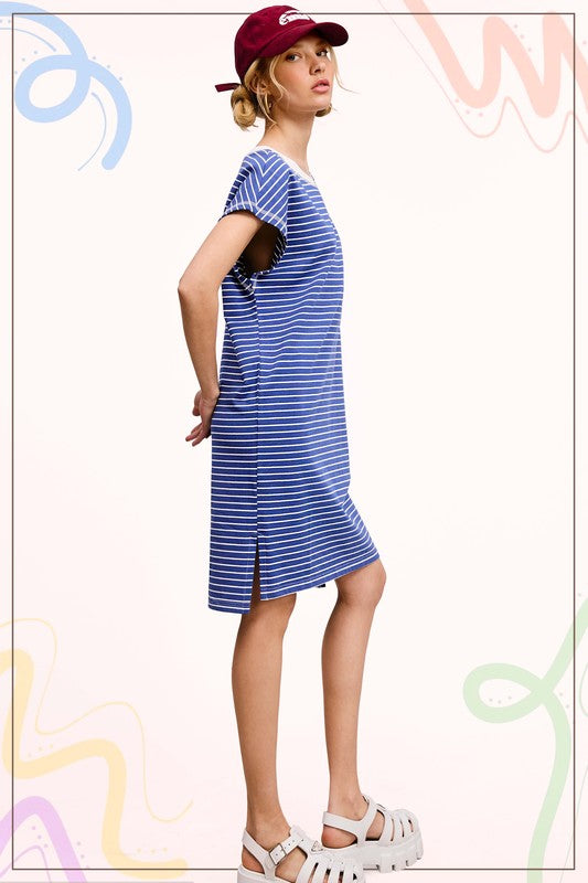 Side Slit Striped T-Shirt Dress - Royal