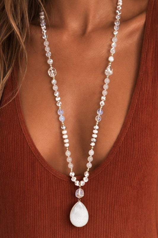 Stone Beaded Long Necklace with Large Pendant ￼