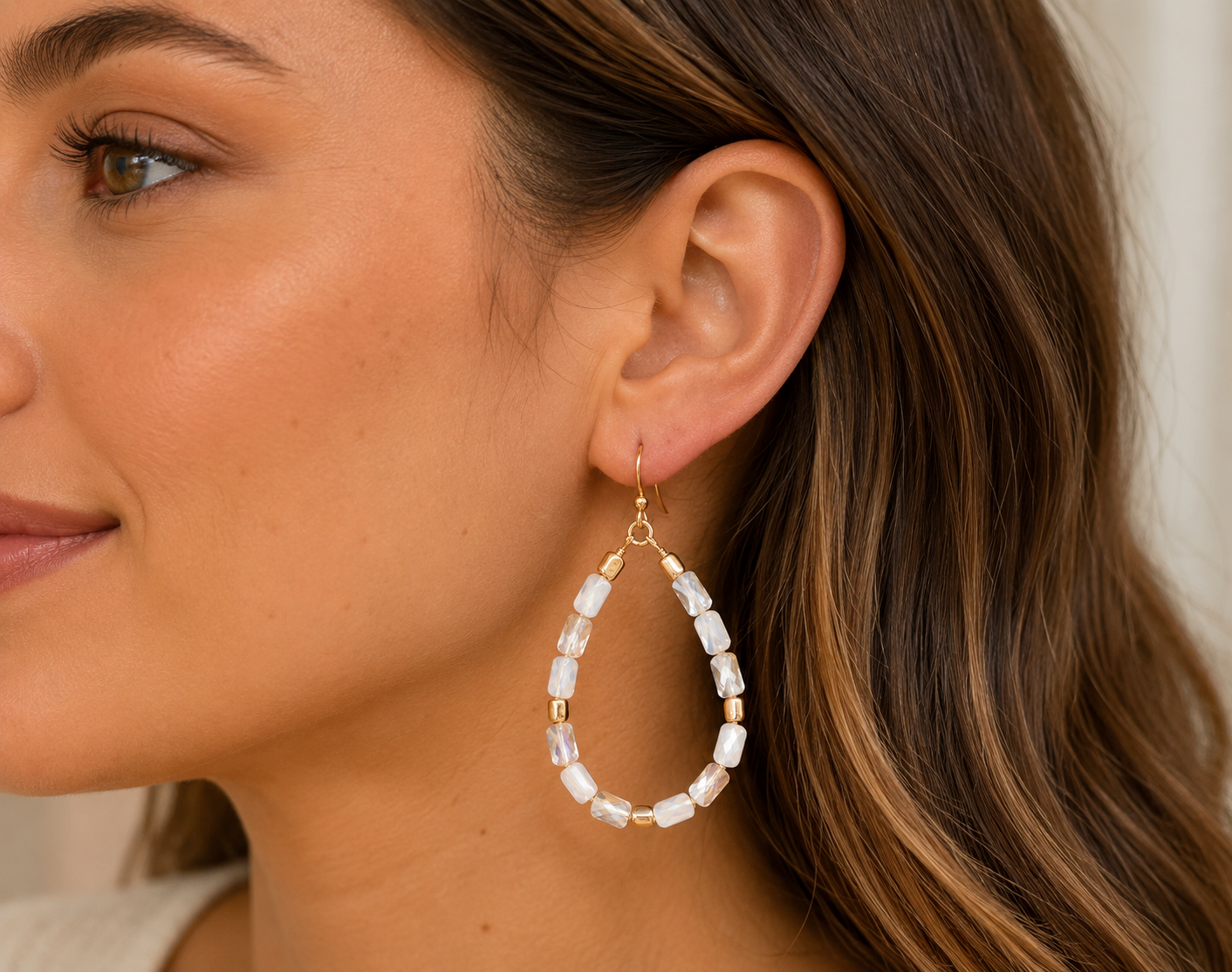 Teardrop Wire Beaded Glass Crystal Earrings
