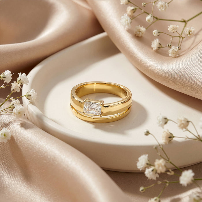 Shane Premium Gold Plated Emerald Cut CZ Split Ring